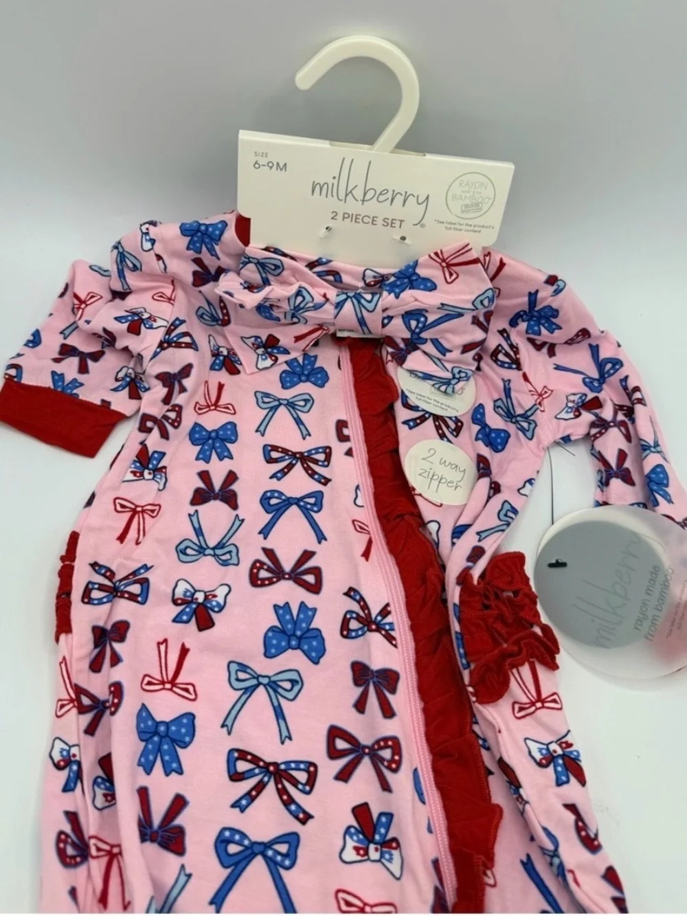 NWT Milkberry Pink American Bow Bamboo Footie One-Piece- with matching Headband